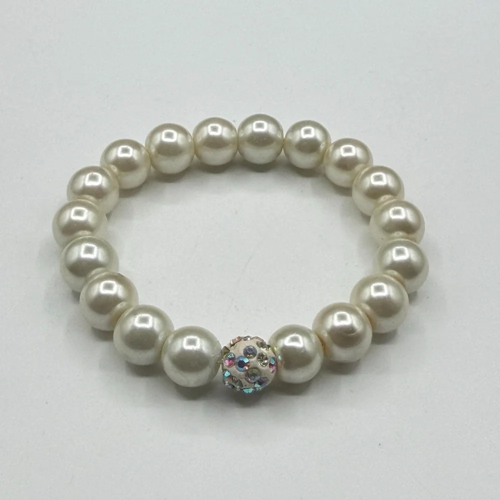 Faux Pearl Stretch Bracelet AB Rhinestone Accent Coquette Bridal Glam Jewelry
